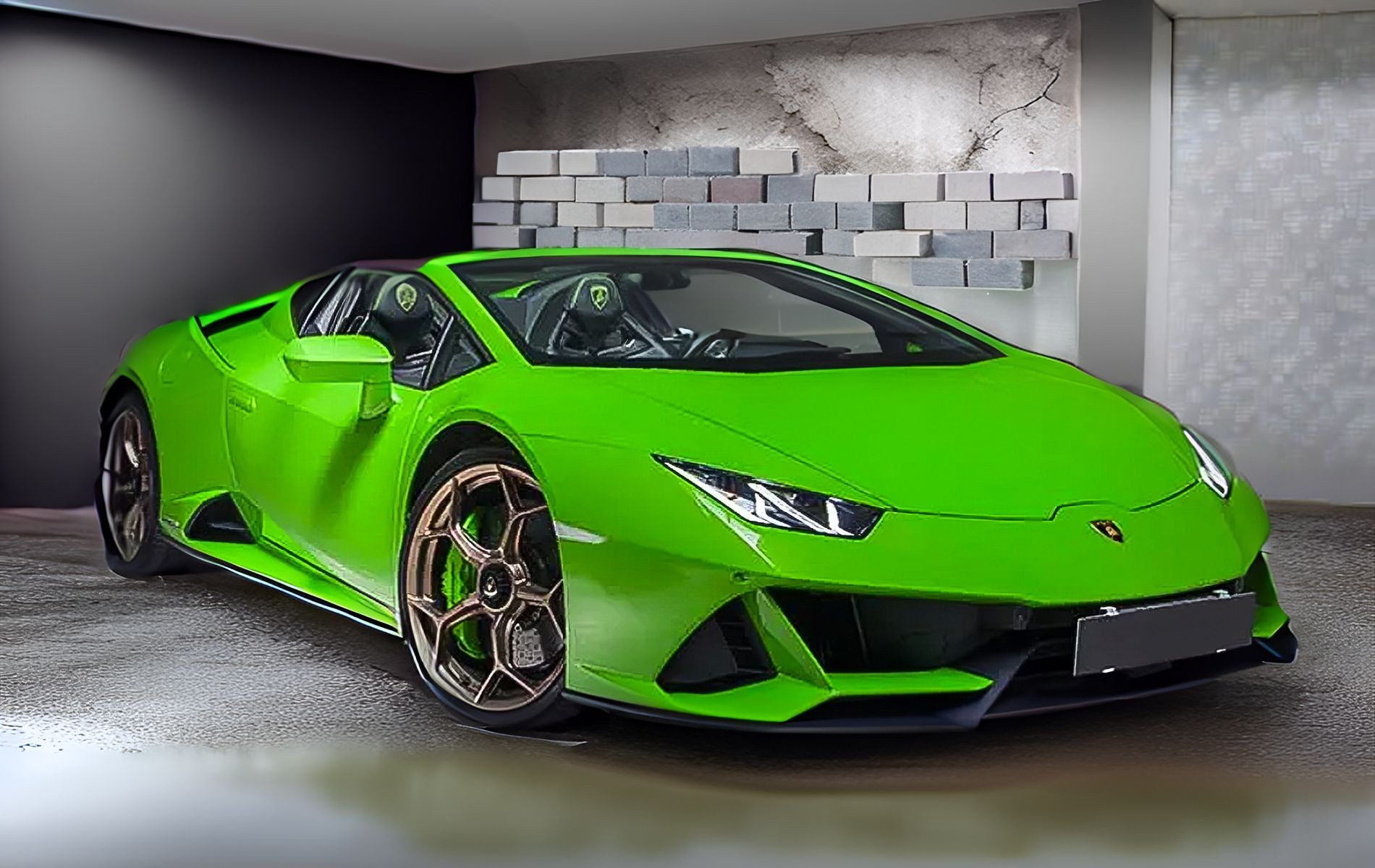 Bright green luxury sports car parked in a modern garage with a partially exposed brick wall.